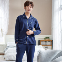 新款秋冬长袖男士睡衣纯棉翻领纯色休闲棉质男两件套家居服Y7829