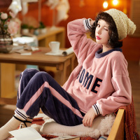 加绒运动少女法兰绒长袖套头秋冬季加厚款珊瑚绒睡衣女套装家居服A912