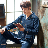 男士睡衣秋冬季纯棉加厚薄款夹棉秋款长袖开衫空气夹层家居服套装N5021