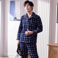 新品夹层睡衣男冬纯棉夹棉加厚男士睡衣秋冬季开衫休闲家居服套装N5016