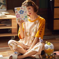 耀婷睡衣女士针织棉短袖春秋季卡通黄鸭宽松少女家居服薄款套装TK2439