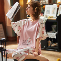 耀婷棉睡衣夏季短袖七分裤套头家居服韩版大码宽松套装 R2428