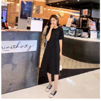 黑色亮闪闪星空短袖中长款t恤连衣裙女夏天收腰显瘦气质过膝裙子82003