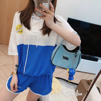 夏季新款gexilan拼接撞色笑脸套装女装短袖+短裤两件套小个子