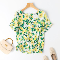 VINCIFAM真丝短袖上衣女2019春装新款桑蚕丝碎花圆领时尚t恤