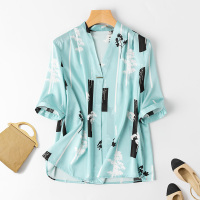 VINCIFAM2019夏新款V领气质大牌真丝短袖上衣桑蚕丝宽松印花条纹女T恤