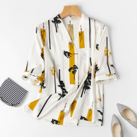 VINCIFAM2019夏新款V领气质短袖上衣桑蚕丝宽松印花条纹大牌真丝女T恤