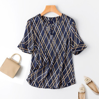 VINCIFAM 2019新款真丝上衣女圆领宽松蚕丝气质短袖条纹时尚T恤