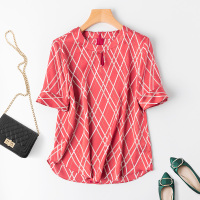 VINCIFAM 2019新款真丝上衣女圆领宽松蚕丝条纹气质短袖时尚T恤