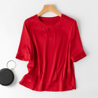 VINCIFAM 2019新款夏真丝短袖纯色上衣宽松时尚女装桑蚕丝T恤