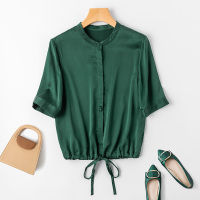 VINCIFAM 2019夏新款纯色桑蚕丝上衣小衫圆领时尚真丝短袖