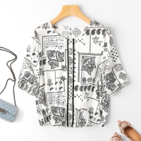 VINCIFAM 2019夏新款女短袖气质印花桑蚕丝真丝t恤时尚女士上衣