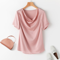 VINCIFAM2019夏季新款时尚短袖桑蚕丝女纯色上衣真丝t恤