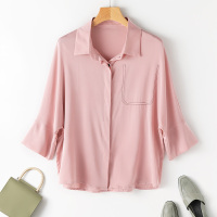 VINCIFAM2019夏新款桑蚕丝短袖上衣女真丝宽松小翻领T恤