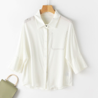 VINCIFAM2019夏新款桑蚕丝短袖上衣女真丝宽松西装领T恤