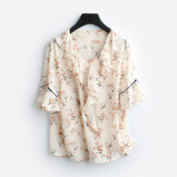 VINCIFAM雪纺T恤女2019夏装新款V领宽松短袖碎花套头上衣