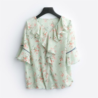 VINCIFAM雪纺T恤女2019夏装新款V领宽松碎花套头短袖上衣