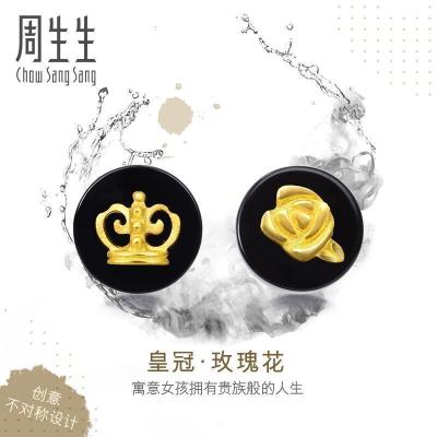 周生生(CHOW SANG SANG)足金吉祥黑玉髓皇冠玫瑰花金耳饰定价