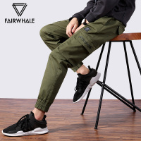 马克华菲休闲裤男2019新款秋季韩版束脚小脚军绿色九分裤工装裤潮