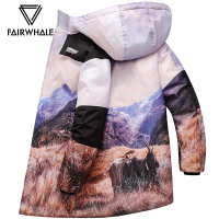 马克华菲羽绒服男中长款2019冬季新款韩版印花连帽加厚保暖外套潮