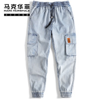 马克华菲工装牛仔裤男2020夏季新款束脚小脚纯棉蓝色潮牌宽松裤子