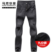 马克华菲男士牛仔裤2020夏季黑色修身小脚破洞韩版潮流百搭九分裤