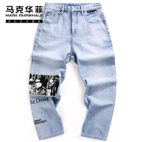 马克华菲牛仔裤男2020夏季新款纯棉浅色拼接印花韩版潮流潮牌裤子