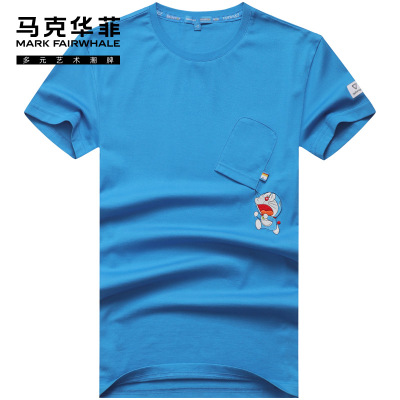 马克华菲短袖T恤男2020夏季新款纯棉蓝色刺绣哆啦A梦创意男装半袖