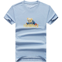 马克华菲短袖t恤男潮2021夏季新款潮牌ins趣味小熊印花浅蓝色圆领