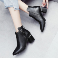 格瑞迪欧头层牛皮新款真皮短筒高跟女靴尖头牛皮粗跟短靴2019低筒马丁靴73-5