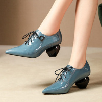 格瑞迪欧 头层牛皮2019新款系带粗跟单鞋中跟尖头百搭女鞋真皮休闲高跟鞋106-4