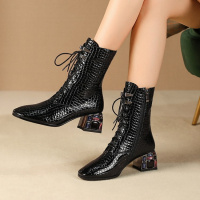 格瑞迪欧 马丁靴2019年新款秋季短靴女机车帅气中筒粗跟中跟英伦风真皮133-5