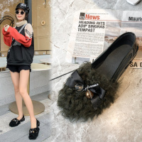格瑞迪欧 欧美风女鞋潮2019秋季新款羊羔毛毛单鞋女真皮豆豆鞋圆头底跟时尚158-2