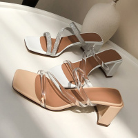 格瑞迪欧 粗跟凉拖女外穿透明亮片时尚夏天女鞋韩版新款小高跟清新洋气拖鞋647