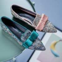 格瑞迪欧 女鞋尖头蝴蝶结亮片单鞋女粉色晚晚风温柔鞋中跟绿色赫本鞋A9-4