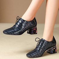 格瑞迪欧羊皮新品女鞋真皮系带中跟中口大码单鞋女时尚粗跟方头皮鞋女123-3