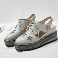 格瑞迪欧牛皮松糕鞋2020女夏款包头厚底凉鞋女坡跟波西米亚夏季镂空鞋女草编鞋8017