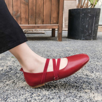 格瑞迪欧牛皮2020新款韩版方头单鞋女平底浅口软底交叉绑带休闲小红鞋女791