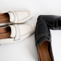 格瑞迪欧牛皮 欧美复古中跟鞋粗跟 小方头中口单鞋 米白色小皮鞋女懒人鞋802