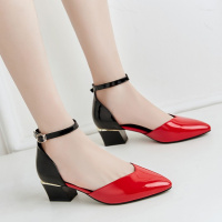 Tiauny 包头凉鞋女夏中跟2020新款尖头红色高跟鞋百搭一字扣中空粗跟单鞋K301