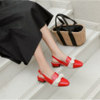 Tiauny 2020夏季新款平底方头后空粗跟单鞋蝴蝶结一字扣包头低跟凉鞋女鞋KL1233