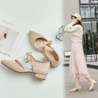 Tiauny 凉鞋女夏2019新款百搭网红包头粗跟中跟学生仙女风方头绑带蝴蝶结N19-72