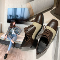 Tiauny 小皮鞋女真皮复古布洛克雕花英伦学院风中跟粗跟软皮棕色系带单鞋20-131