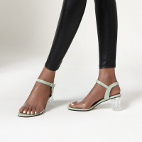 Tiauny 一字带粗跟水晶凉鞋女2020新款夏季百搭高跟鞋子女夏透明凉鞋女潮A6006-9