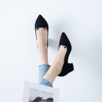 Tiauny 日韩百搭舒适工作鞋尖头女鞋5cm跟中跟鞋浅口单鞋粗跟文艺青年鞋y1--6