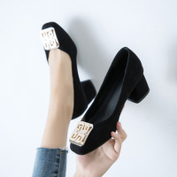 Tiauny 大码高跟鞋脚肥款41一43女鞋胖脚宽肥脚面高40杏色春秋单鞋女粗跟y2-6