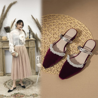 Tiauny珍珠半包头凉拖鞋女法式复古金丝绒高跟方头粗跟赫本单鞋玛丽珍鞋7171