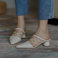 格瑞迪欧 法式复古包头凉拖小众姜黄色尖头半拖鞋时尚绿色真皮细高跟穆勒鞋292