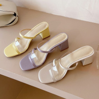 格瑞迪欧 2020夏季新款一字带透明高跟凉鞋网红粗跟露趾方头凉拖鞋旅游外穿D-908