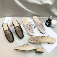 格瑞迪欧 半拖鞋女2020夏季新款粗跟中跟包头网纱方头凉拖鞋室外穿真皮女鞋L114